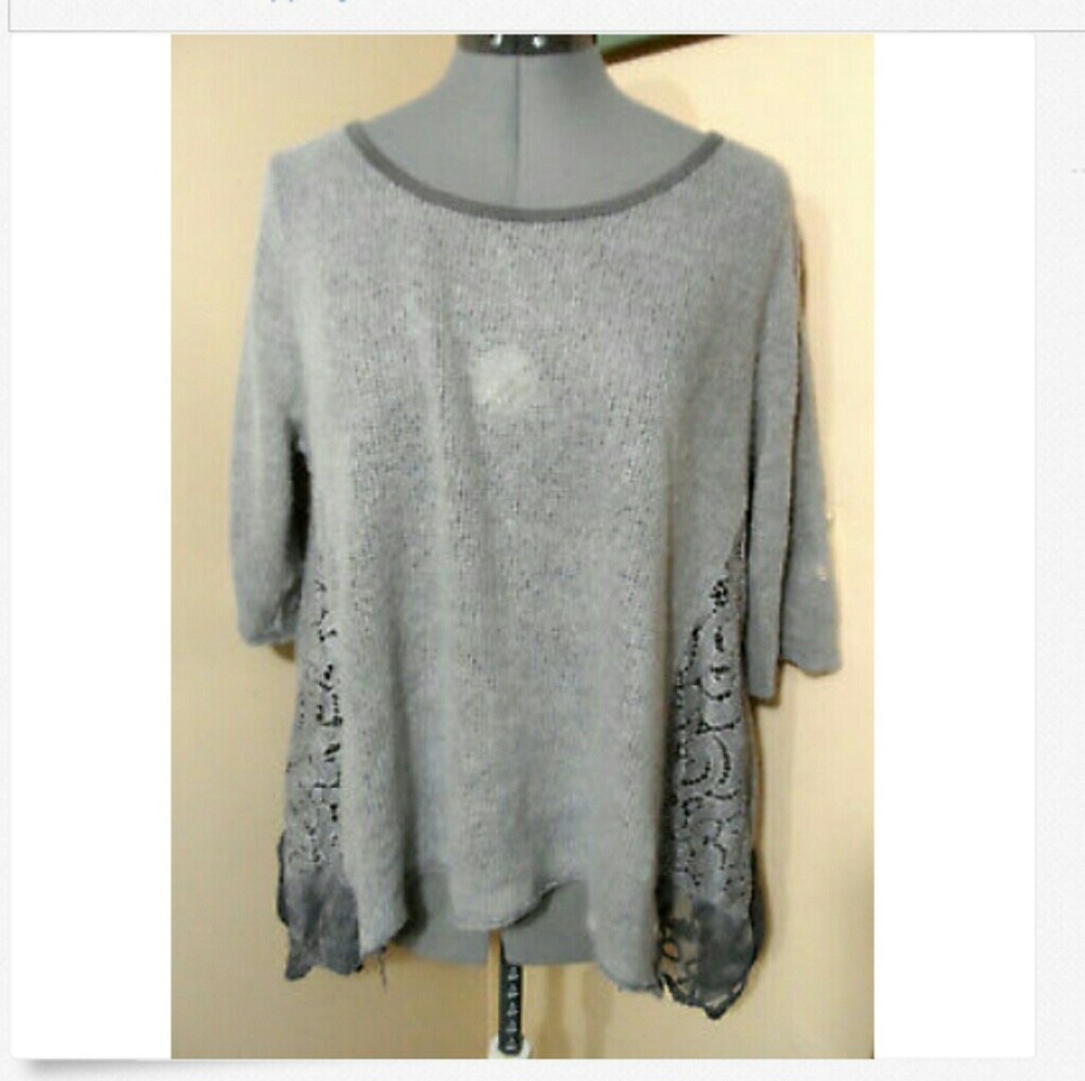Boho ITALIAN Mohair & Lace Sweater Top sz 10 Gray
